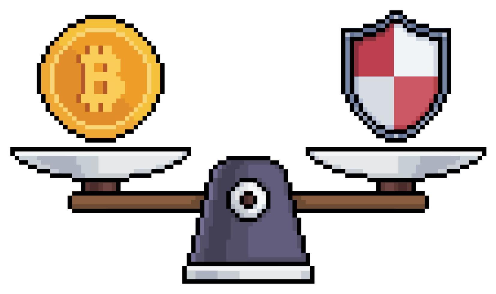 escala de arte de píxeles con bitcoin e icono de vector de escudo para juego de 8 bits sobre fondo blanco