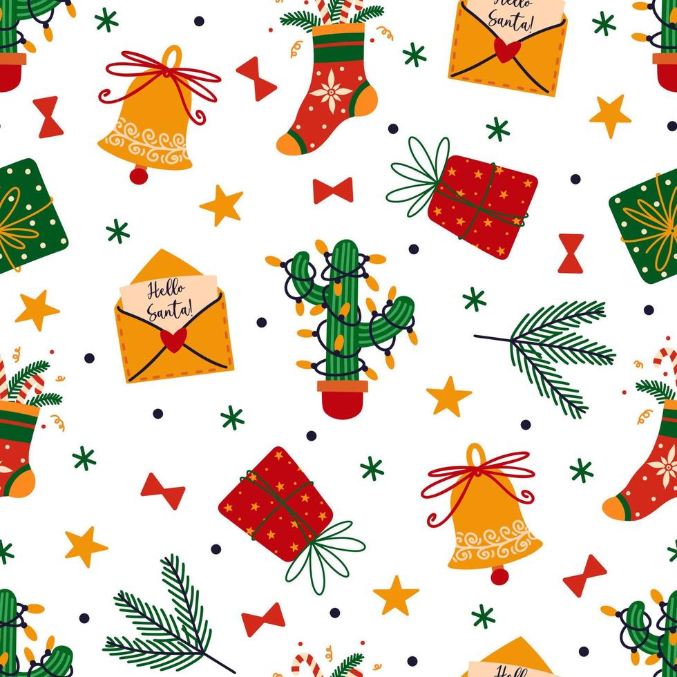 Christmas seamless vector pattern. New Year symbols - jingle bell, holiday sock, letter to Santa, cactus with garland, gifts. Flat cartoon background for wallpaper, textile, packaging, web, printing