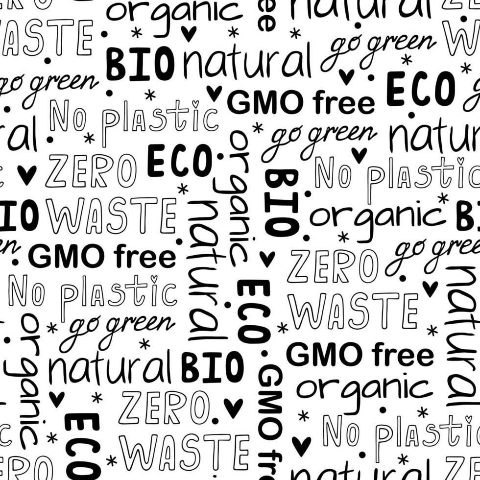 Seamless vector pattern ecology, environment, nature conservation.  Handwritten lettering - zero waste, no plastic, GMO free, organic, go green. Black and white text. Background for posters, packaging