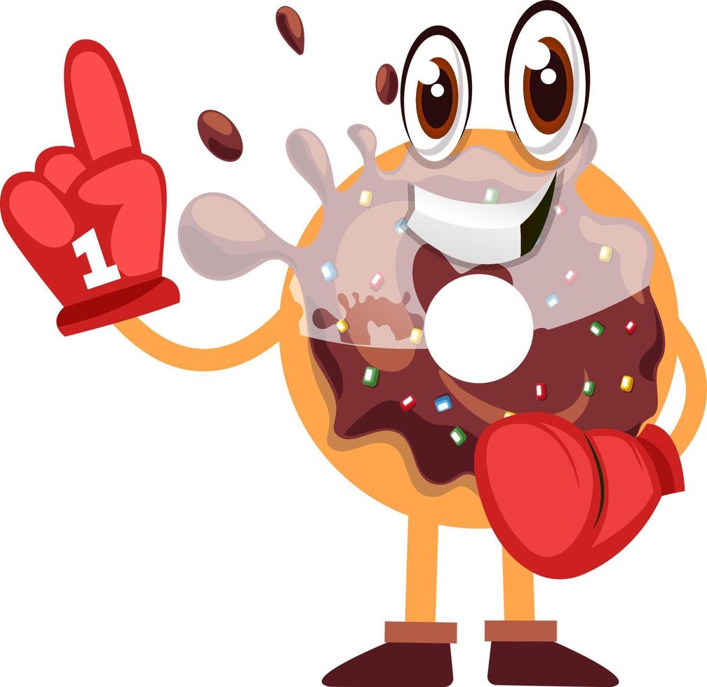 Donut con gran guante rojo, ilustración, vector sobre fondo blanco.