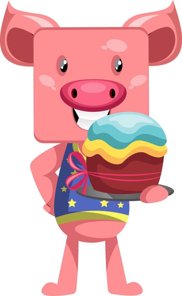 Pig with cake, illustration, vector on white background.