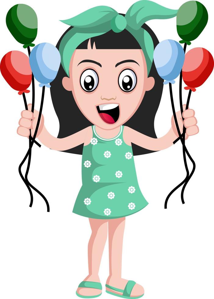 Girl with balloons, illustration, vector on white background.