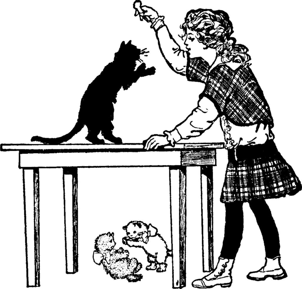 Girl Playing With A Cat, vintage illustration. vector