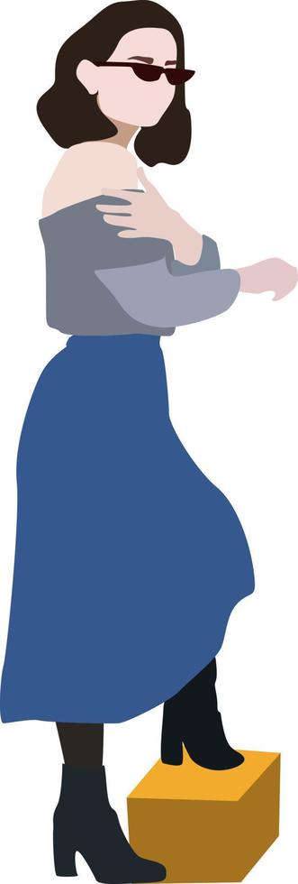 Girl in blue skirt, illustration, vector on white background.