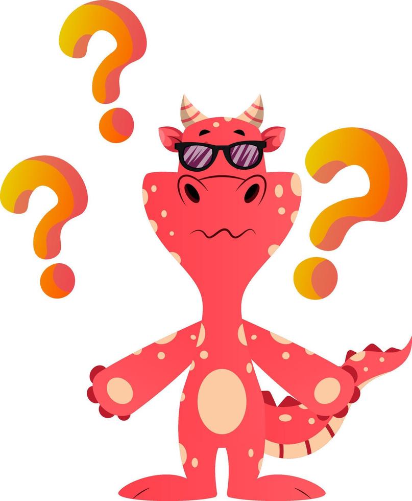 Red dragon is feeling confused, illustration, vector on white background.