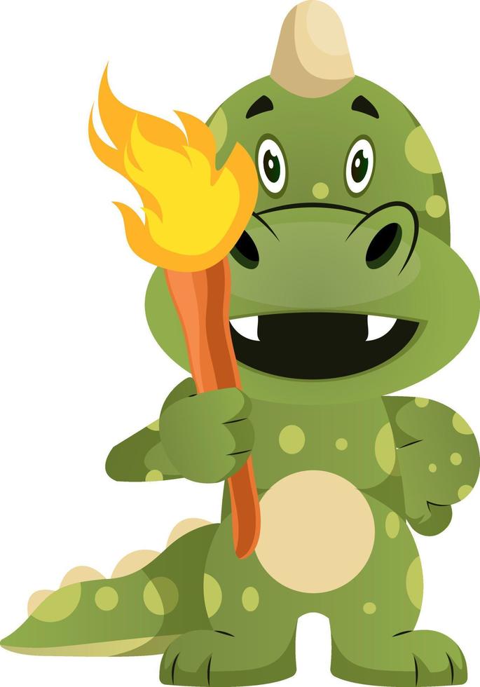 Green dragon is holding torch, illustration, vector on white background.