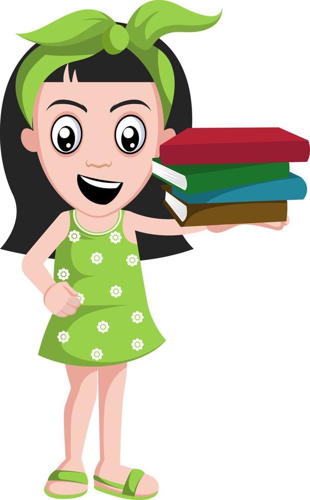 Girl holding books, illustration, vector on white background.