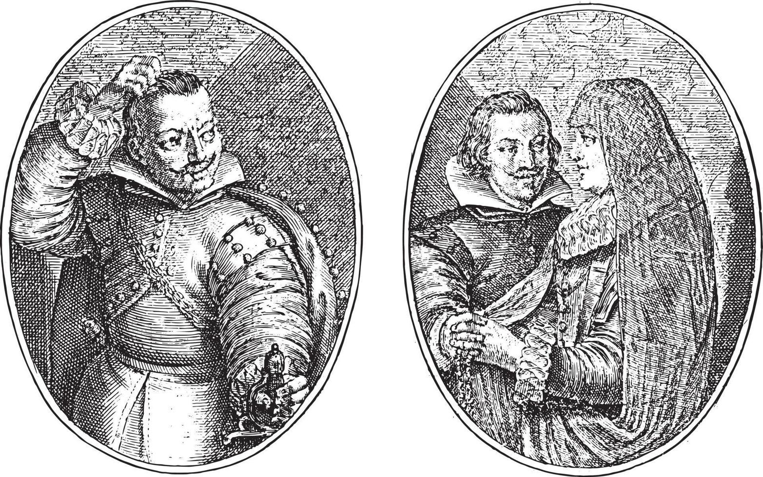 don diego de castilla y su esposa, crispijn van de passe, 1641, ilustración antigua. vector