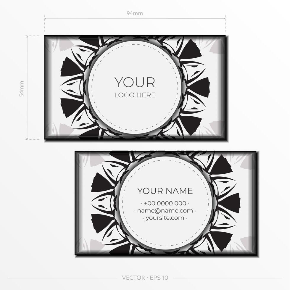 plantilla vectorial para tarjetas de visita de diseño de impresión de color blanco con adorno negro. preparar tarjetas de visita con un lugar para su texto y patrones abstractos. vector