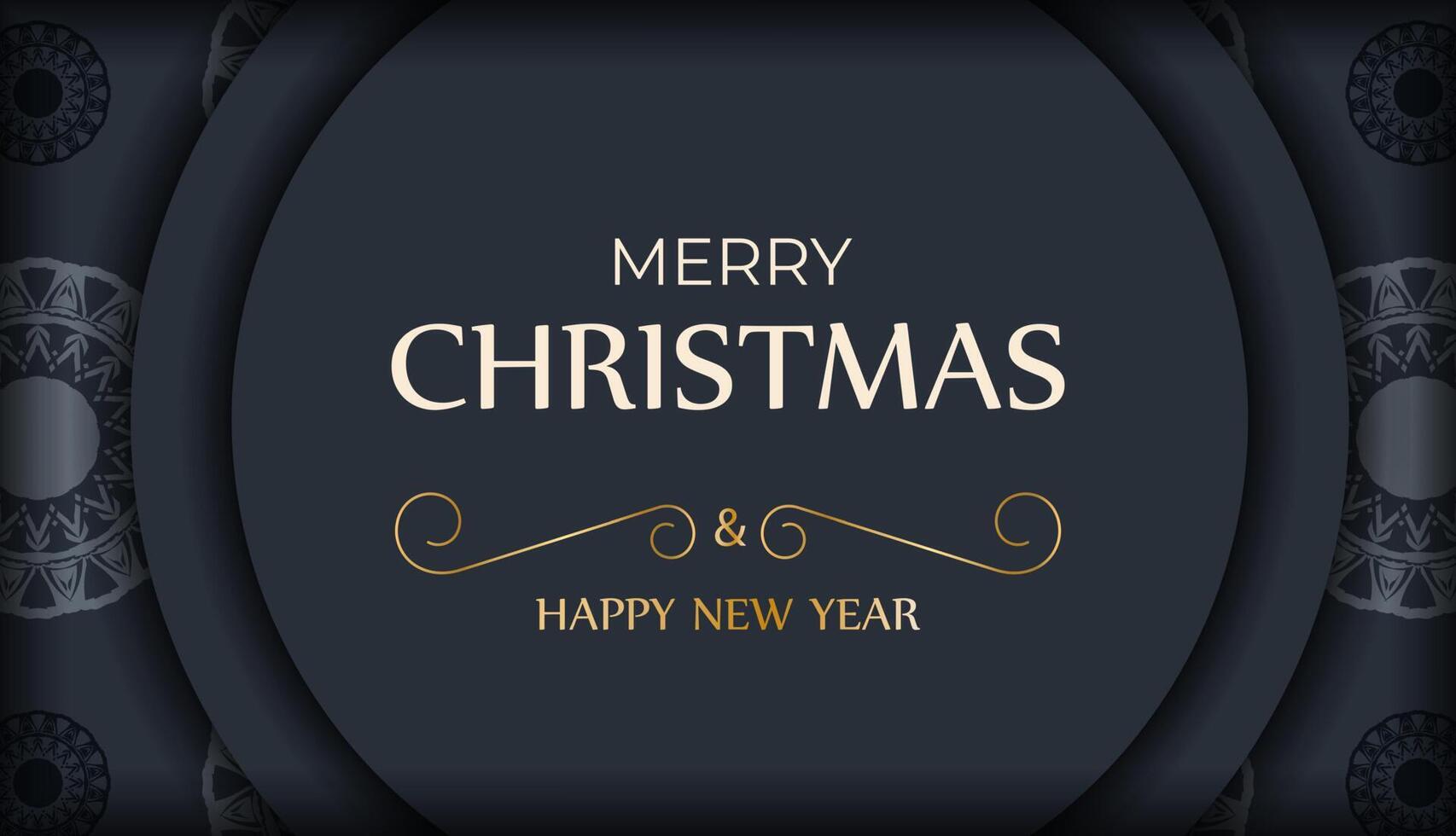 Postcard template Merry Christmas and Happy New Year in dark blue color with abstract blue ornament vector