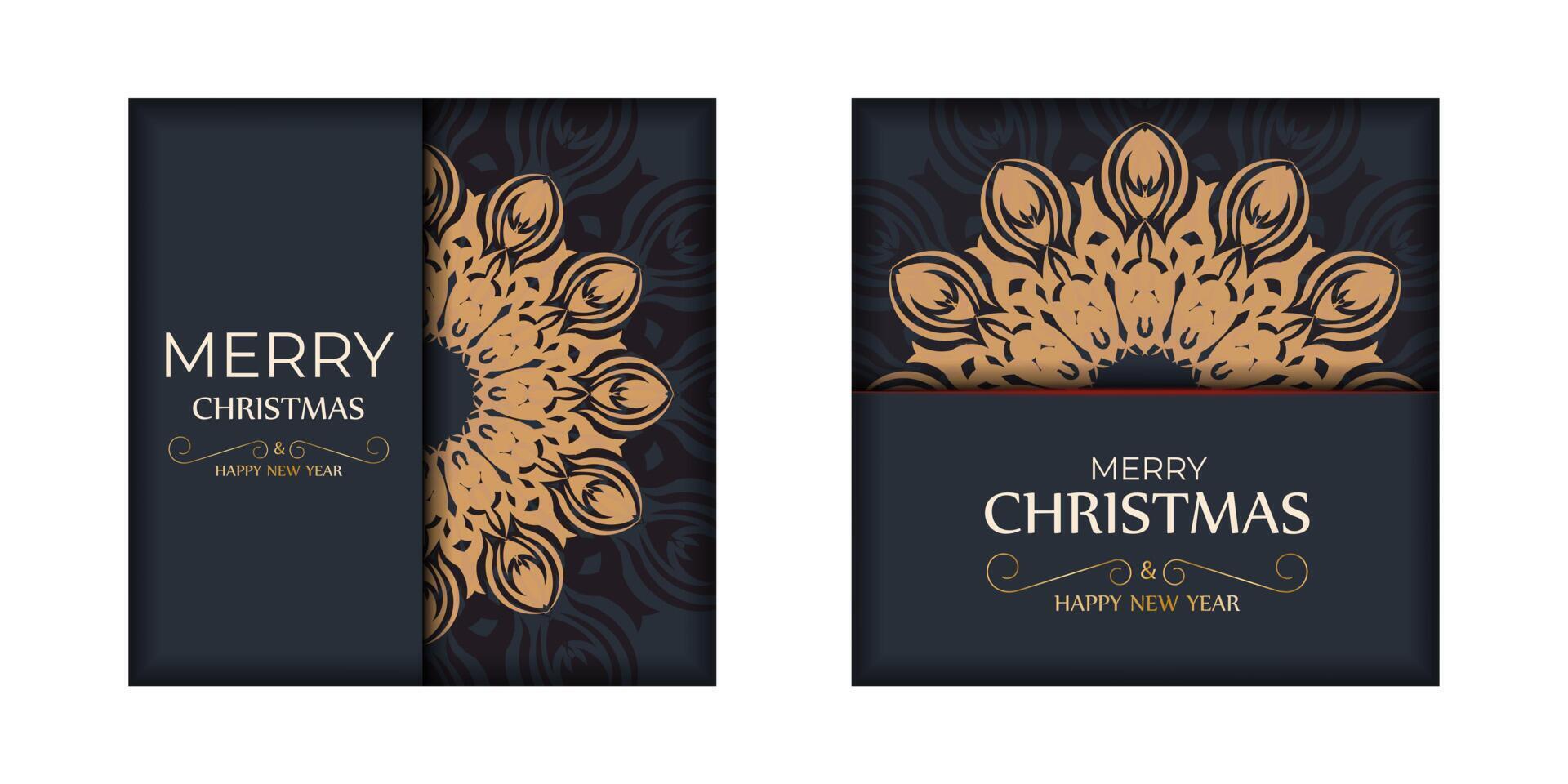 Merry Christmas vector template for printable design greeting card in gray color with orange winter patterns.