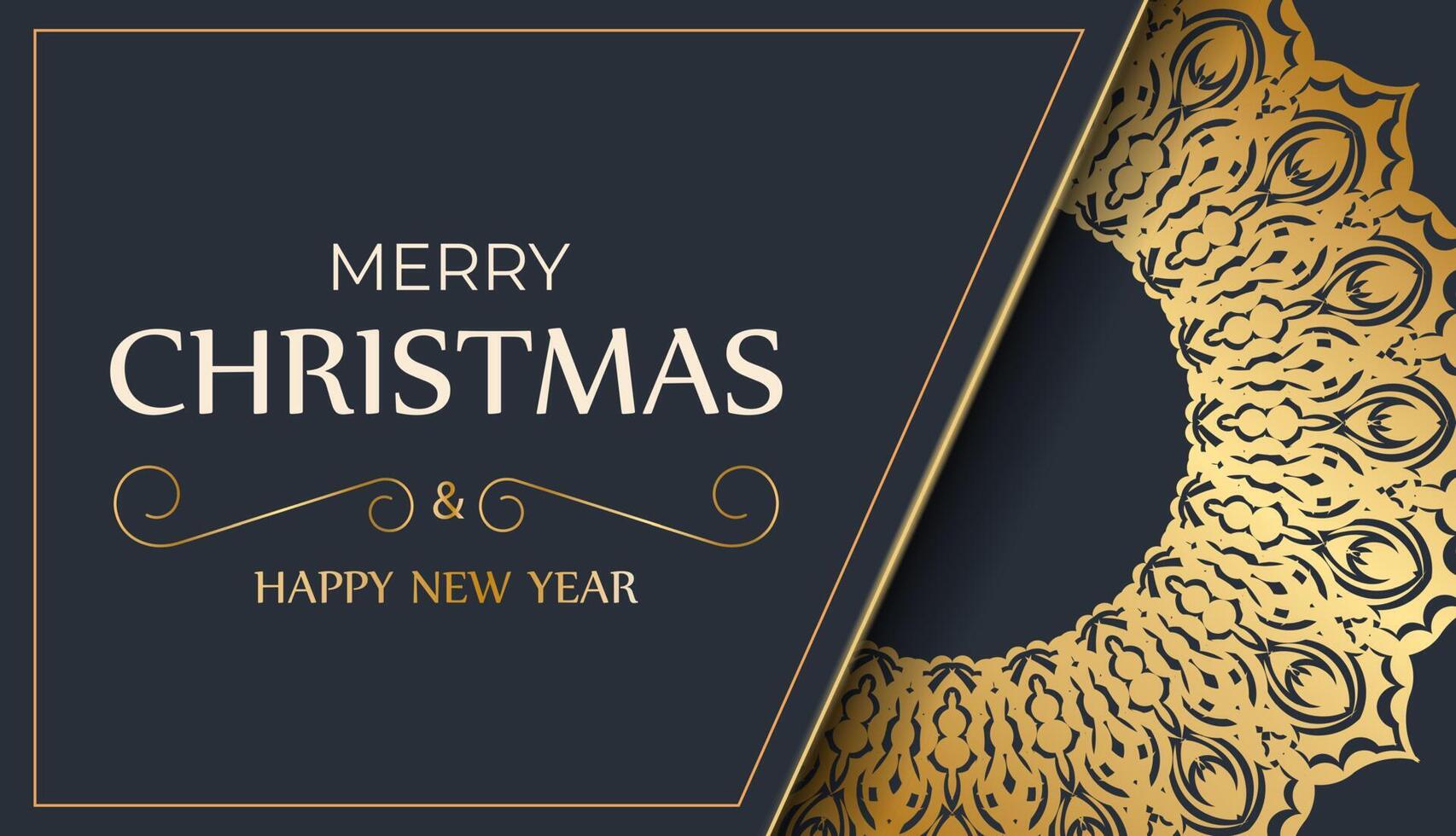 Merry Christmas and Happy New Year greeting card template in dark blue color with vintage gold pattern vector