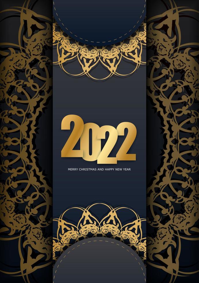 2022 holiday card Merry Christmas and Happy New Year in black with luxury gold pattern vector