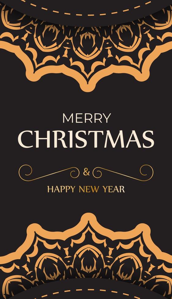 Postcard Happy New Year and Merry Christmas in black color with winter pattern. vector