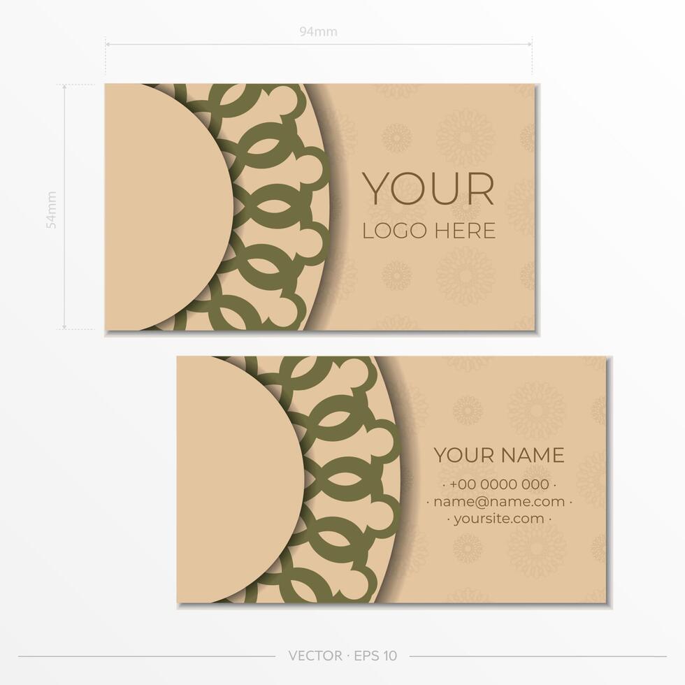 Template for print design of business cards in beige color with luxurious patterns. Preparing a business card with a place for your text and an abstract ornament. vector