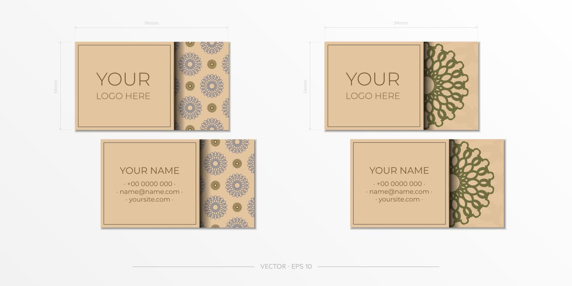 Business card design in beige color with luxurious ornaments. Vector business cards with place for your text and abstract patterns.