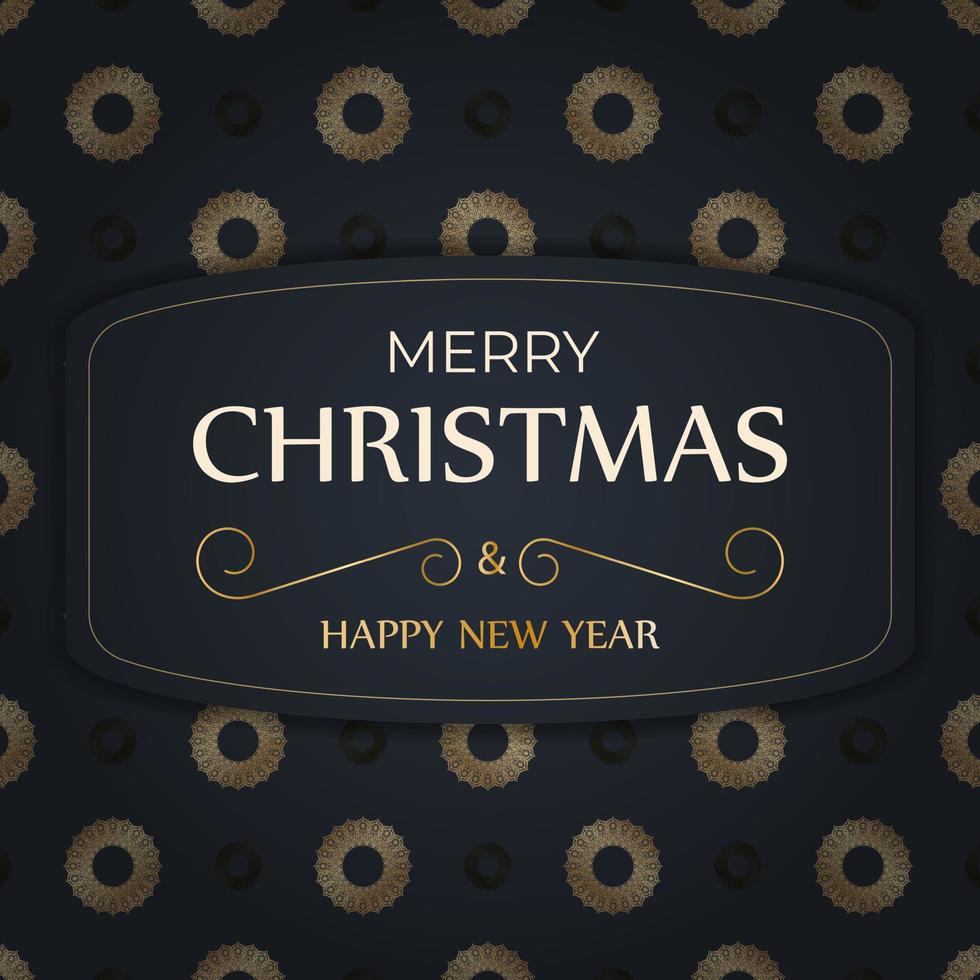 Merry Christmas and Happy New Year greeting card template in dark blue color with luxury gold ornaments vector