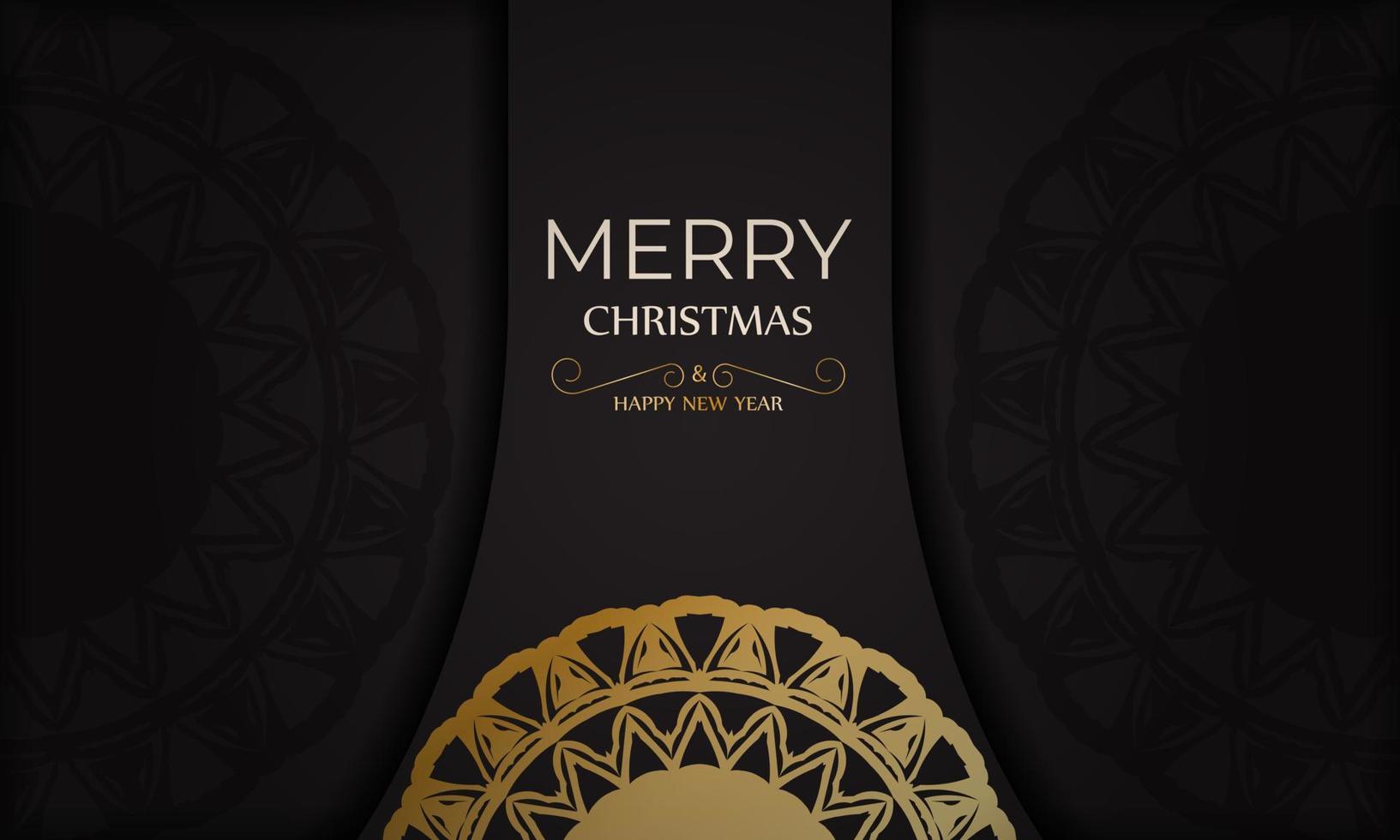 cartel negro de feliz navidad y feliz año nuevo con patrón dorado. vector