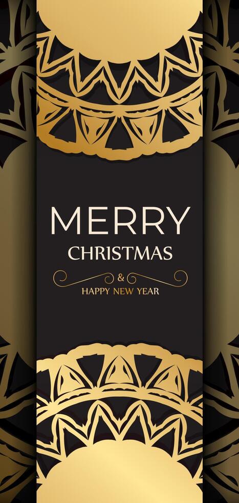 Postcard template Happy New Year and Merry Christmas in black color with gold pattern. vector