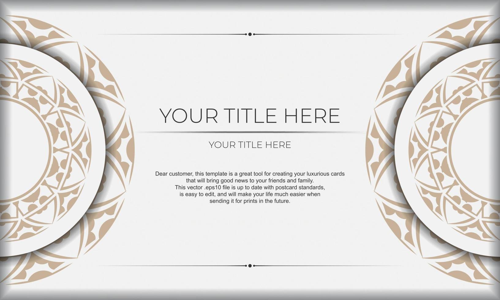 Template for postcard print design with Greek ornament. White vector banner with ornaments and place for your logo and text.