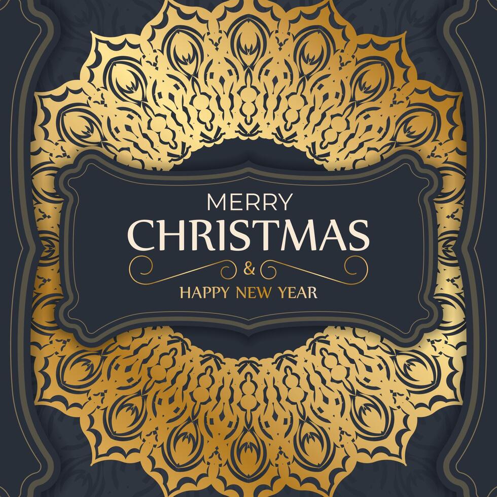 Happy new year flyer template in dark blue color with winter gold pattern vector
