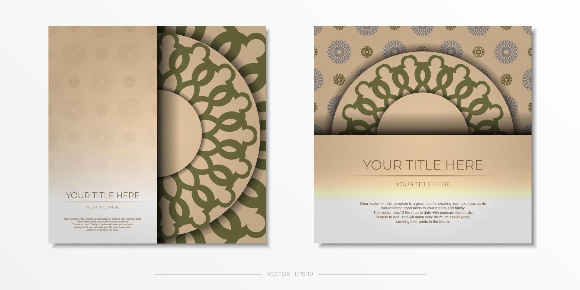 plantilla para diseño de impresión postal colores beige con adorno de mandala. preparando una invitación con un lugar para tu texto y patrones abstractos. vector