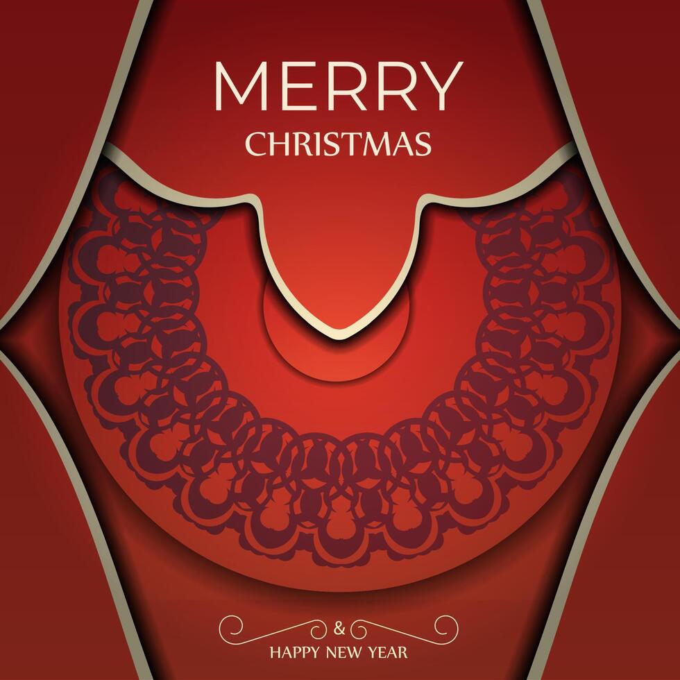 Festive Brochure Merry Christmas and Happy New Year Red color with vintage burgundy pattern vector