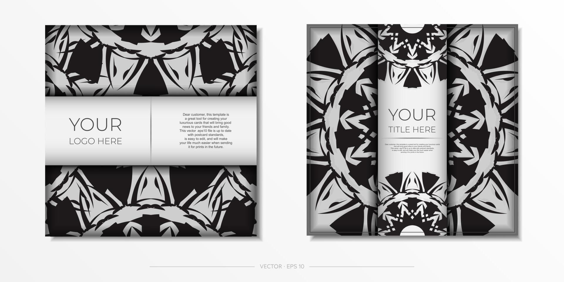 plantilla de tarjeta de invitación vectorial con lugar para el texto y adorno abstracto. lujoso diseño de postal en color blanco con adornos negros. vector