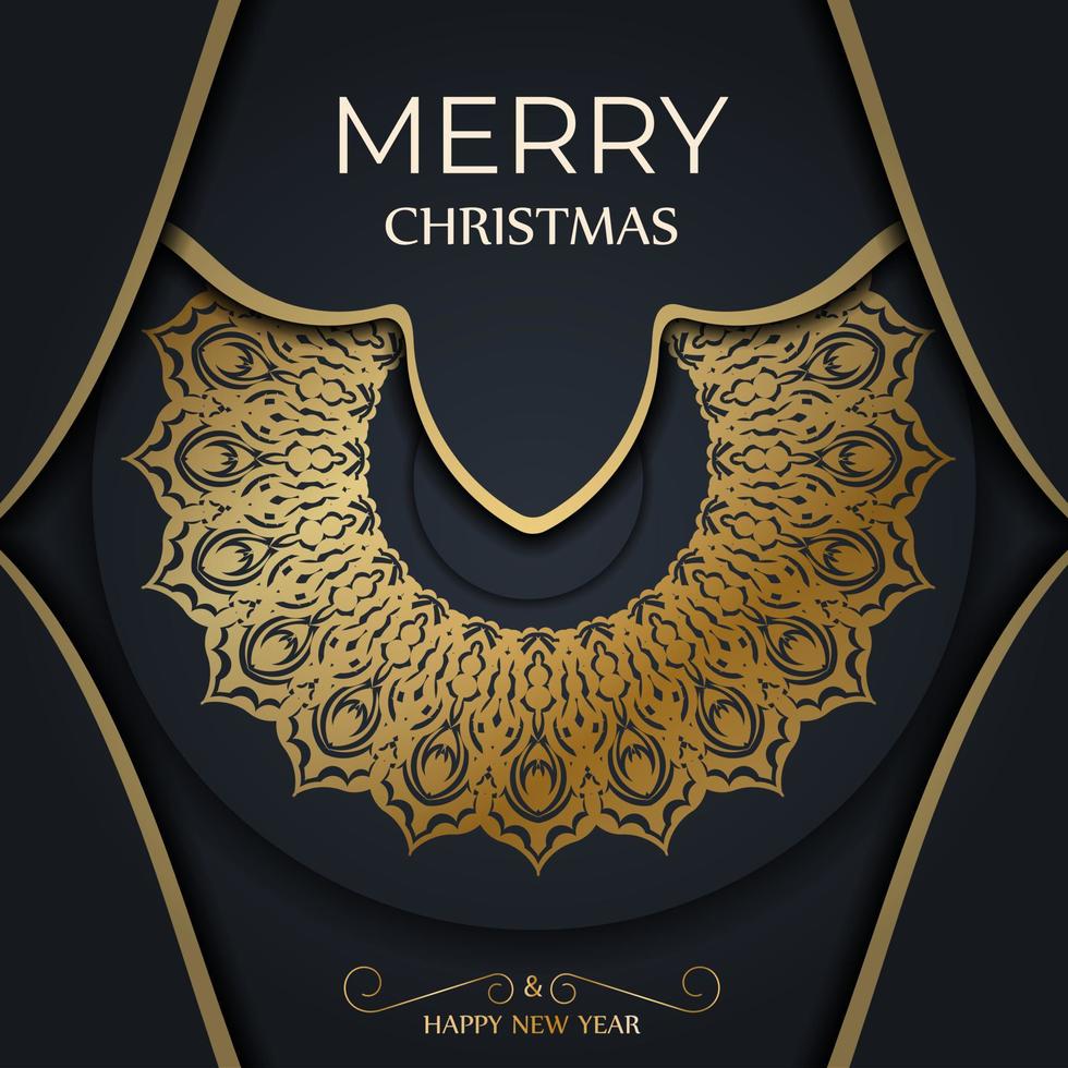 Merry Christmas and Happy New Year greeting card template in dark blue color with vintage gold ornament vector