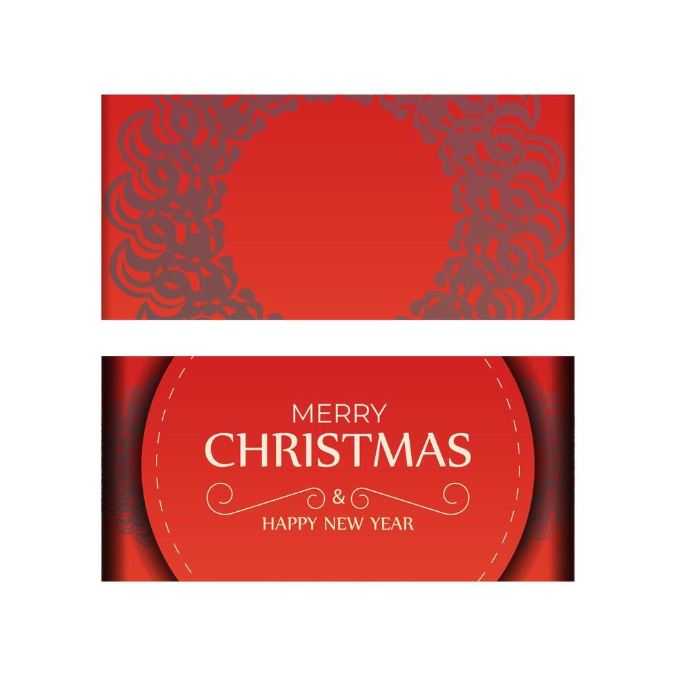 Greeting card template Merry Christmas and Happy New Year Red color with vintage burgundy pattern vector