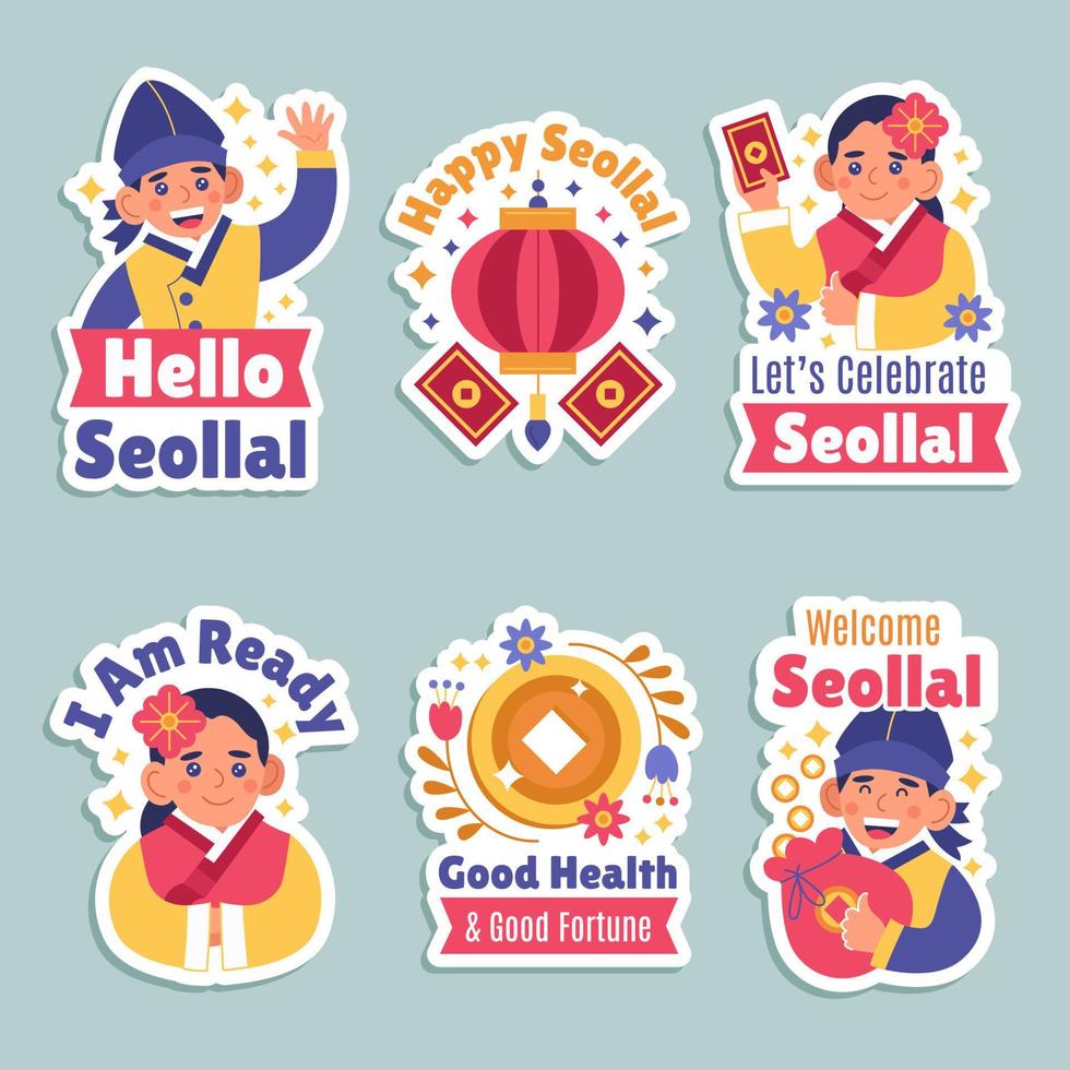 Stickers Chat for Greeting on Seollal Festivity with Cute Character and Ornaments vector