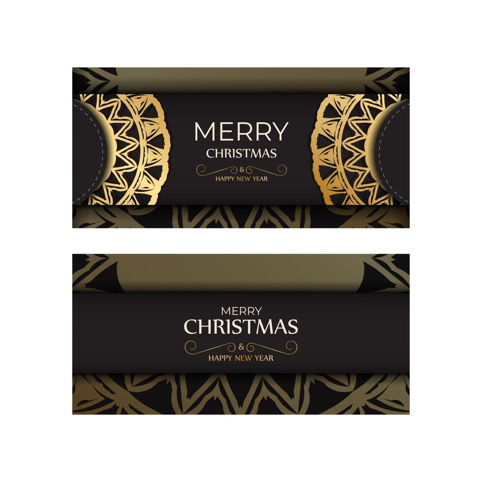 Postcard template Happy New Year and Merry Christmas in black color with gold pattern. vector