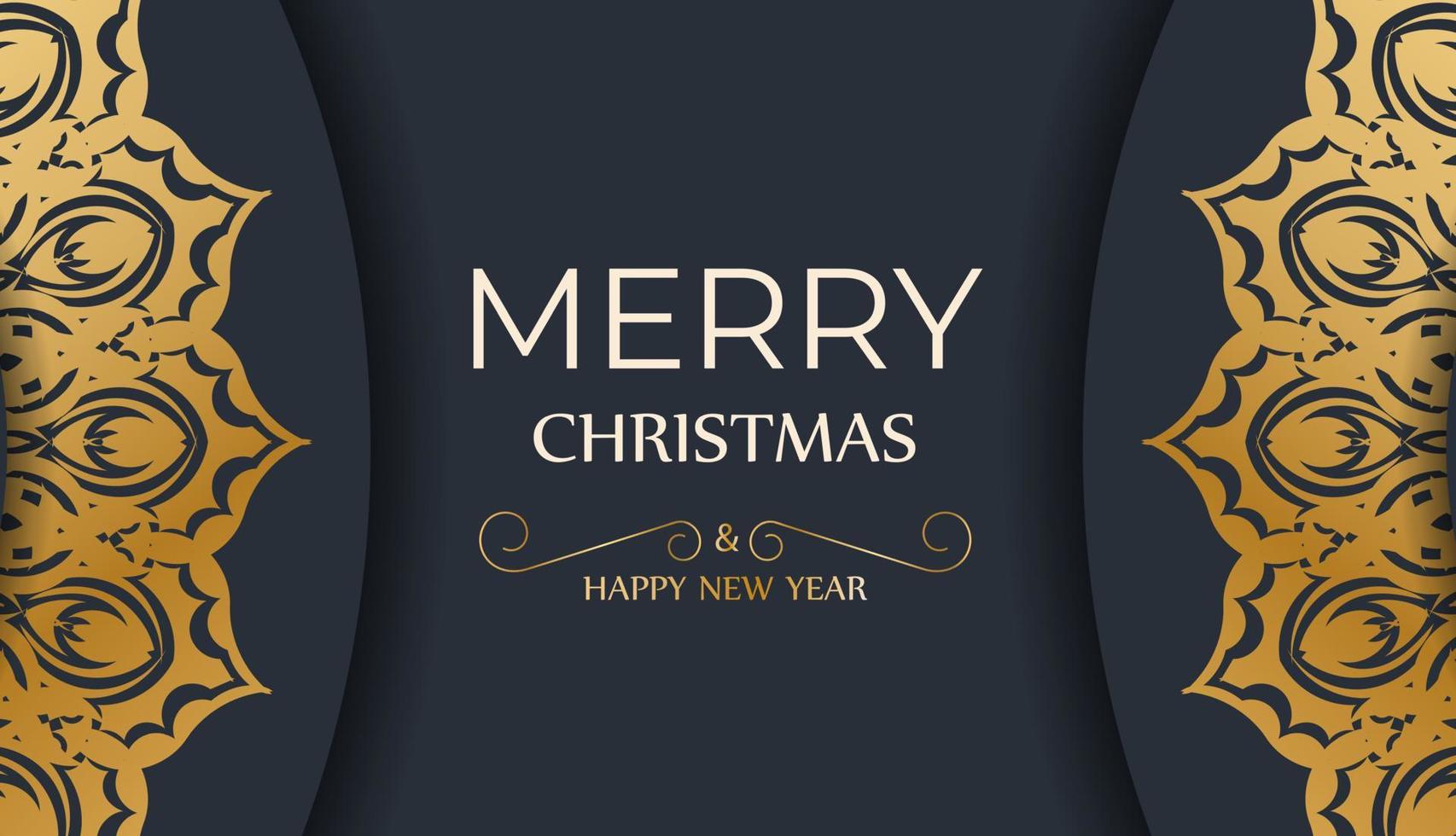 Merry Christmas and Happy New Year greeting card template in dark blue color with winter gold pattern vector