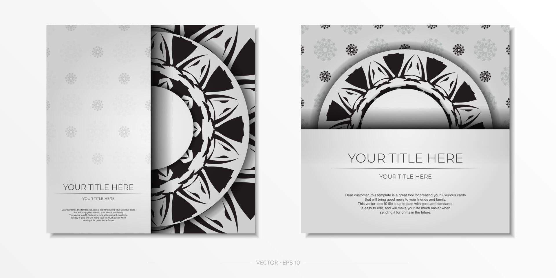 Luxurious Template for print design postcard White color with black ornaments. Preparing an invitation with a place for your text and abstract patterns. vector