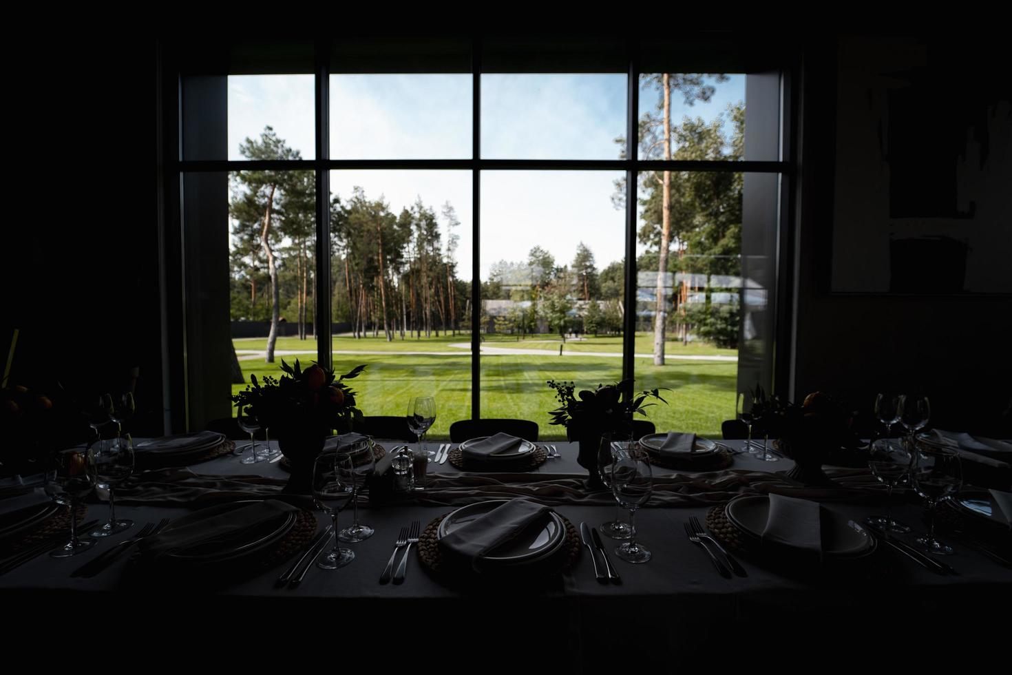 View of the lawn through the window of the banquet hall photo