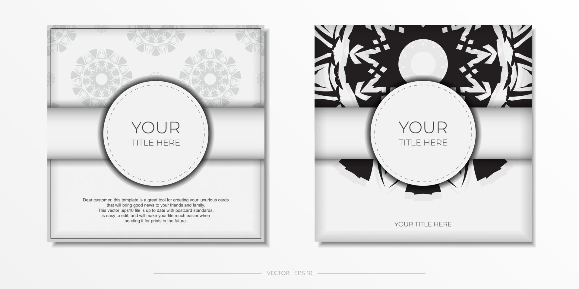 diseño de tarjetas de invitación con espacio para su texto y patrones abstractos. lujoso diseño vectorial de postal en color blanco listo para imprimir con motivos negros. vector