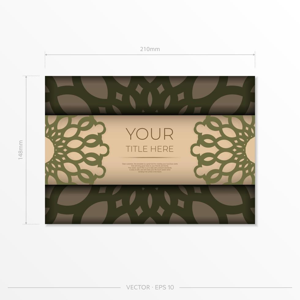 Vector Template for print design postcard Beige colors with mandala ornament. Preparing an invitation with a place for your text and abstract patterns.