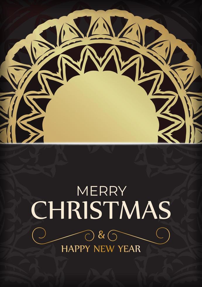 Flyer template Happy New Year and Merry Christmas in black color with gold ornaments. vector