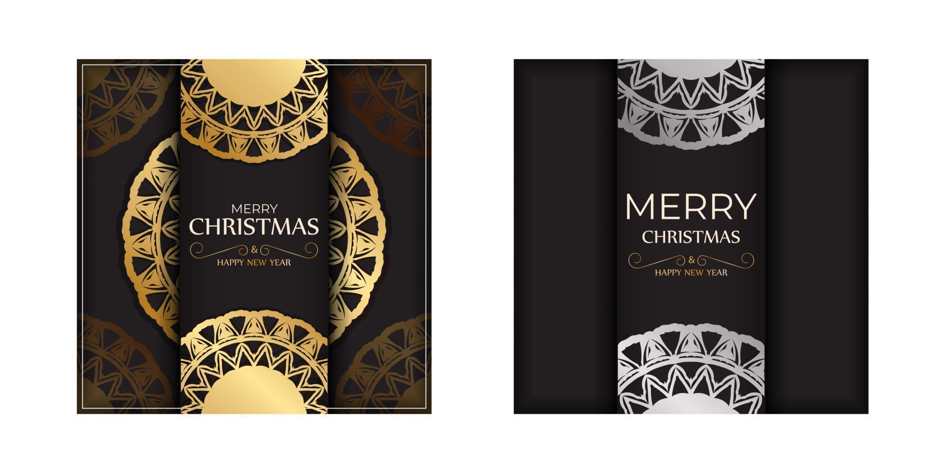 Happy New Year and Merry Christmas flyer in black with gold pattern. vector