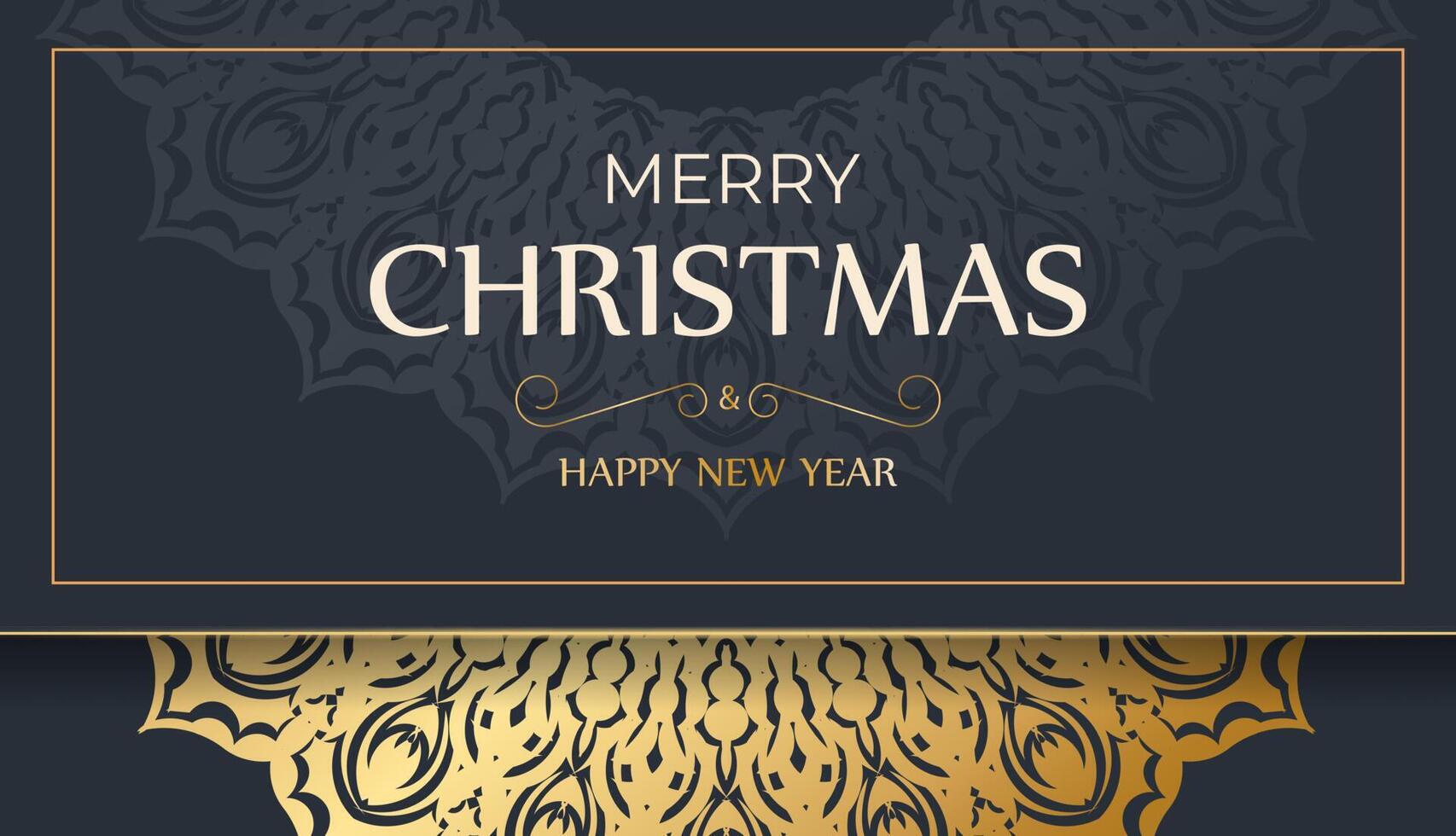 Merry Christmas and Happy New Year greeting card template in dark blue color with abstract gold pattern vector