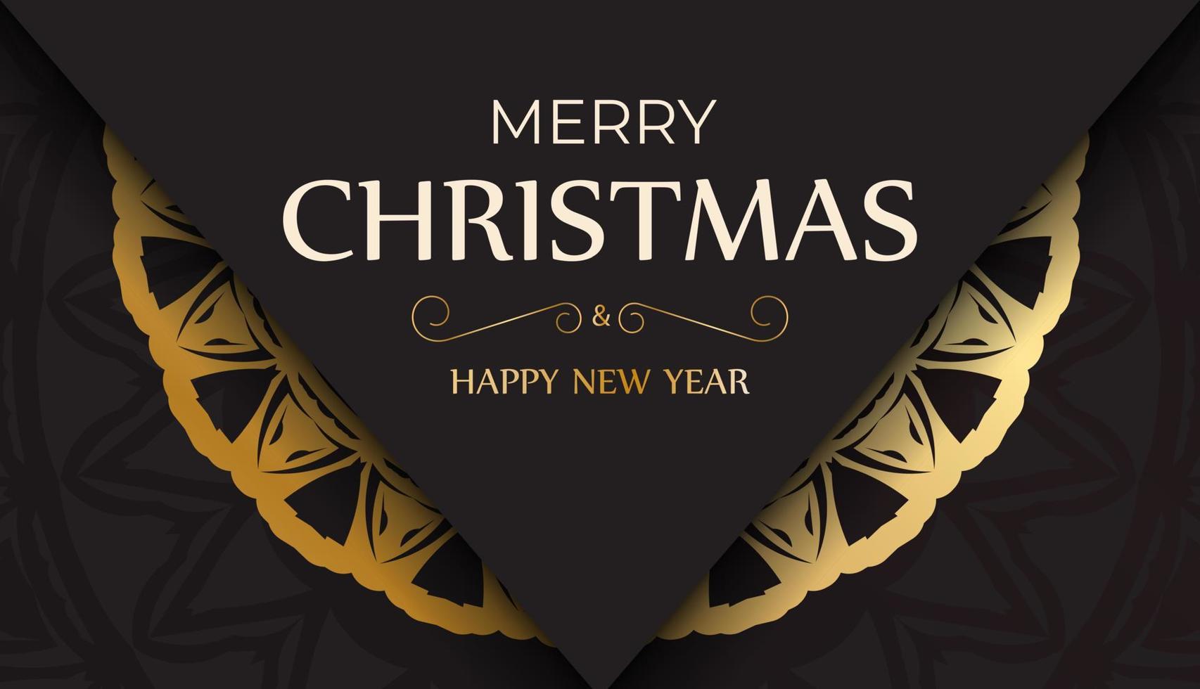 Greeting Card Merry Christmas and Happy New Year in black color with gold pattern. vector