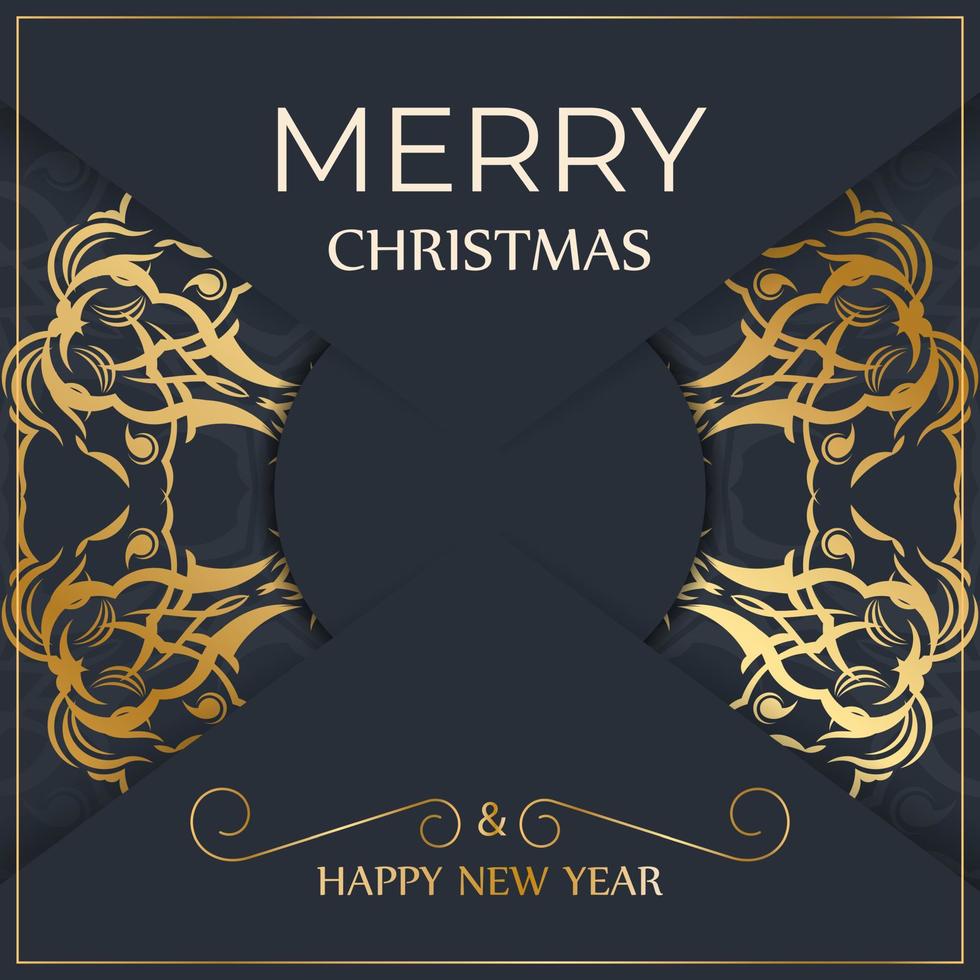 Merry Christmas and Happy New Year flyer template in dark blue color with luxury blue ornaments vector