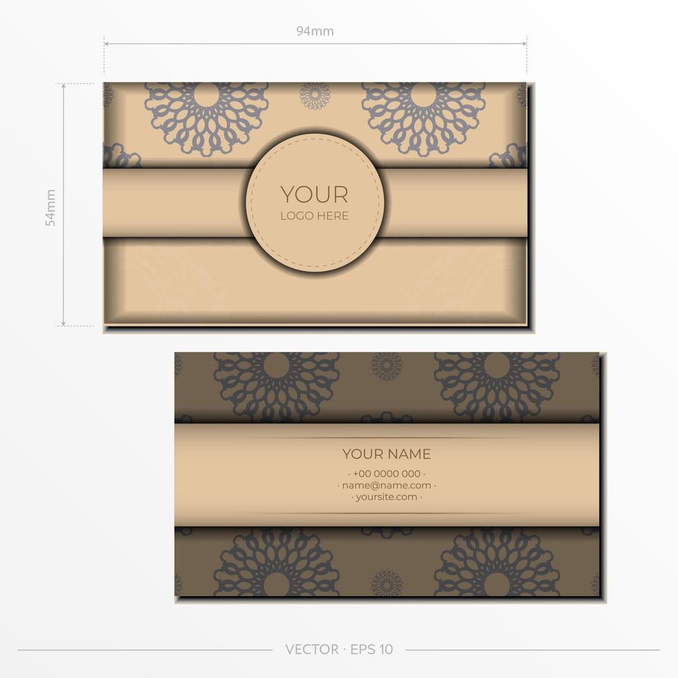 Template for print design of business cards in beige color with luxurious patterns. Vector Business card preparation with place for your text and abstract ornament.