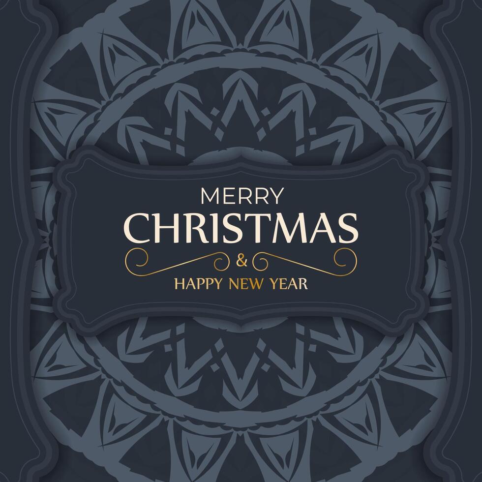 Festive flyer happy new year in dark blue color with winter blue ornament vector