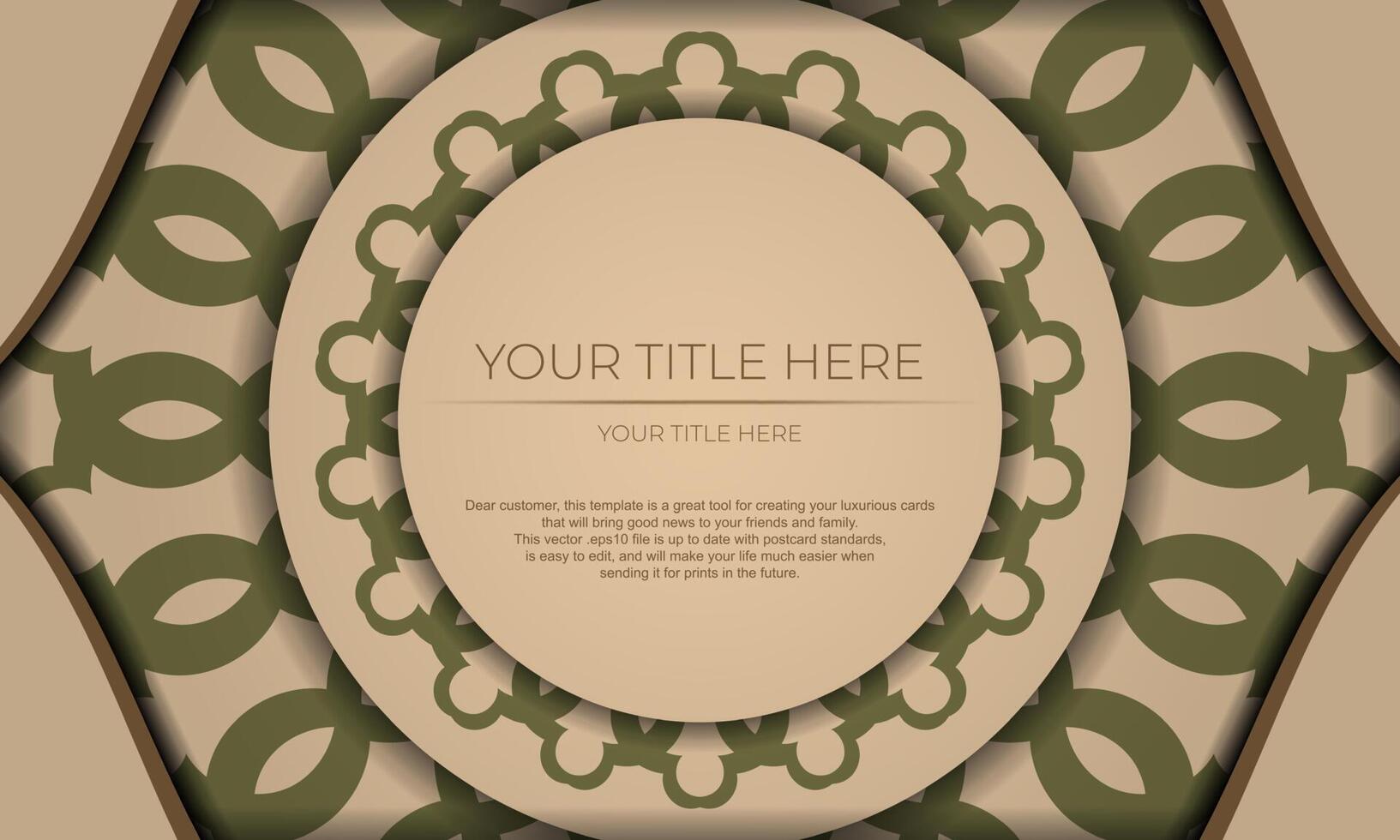 Template for postcard print design with Greek patterns. Beige vector banner with luxury ornaments and place for your text and logo.