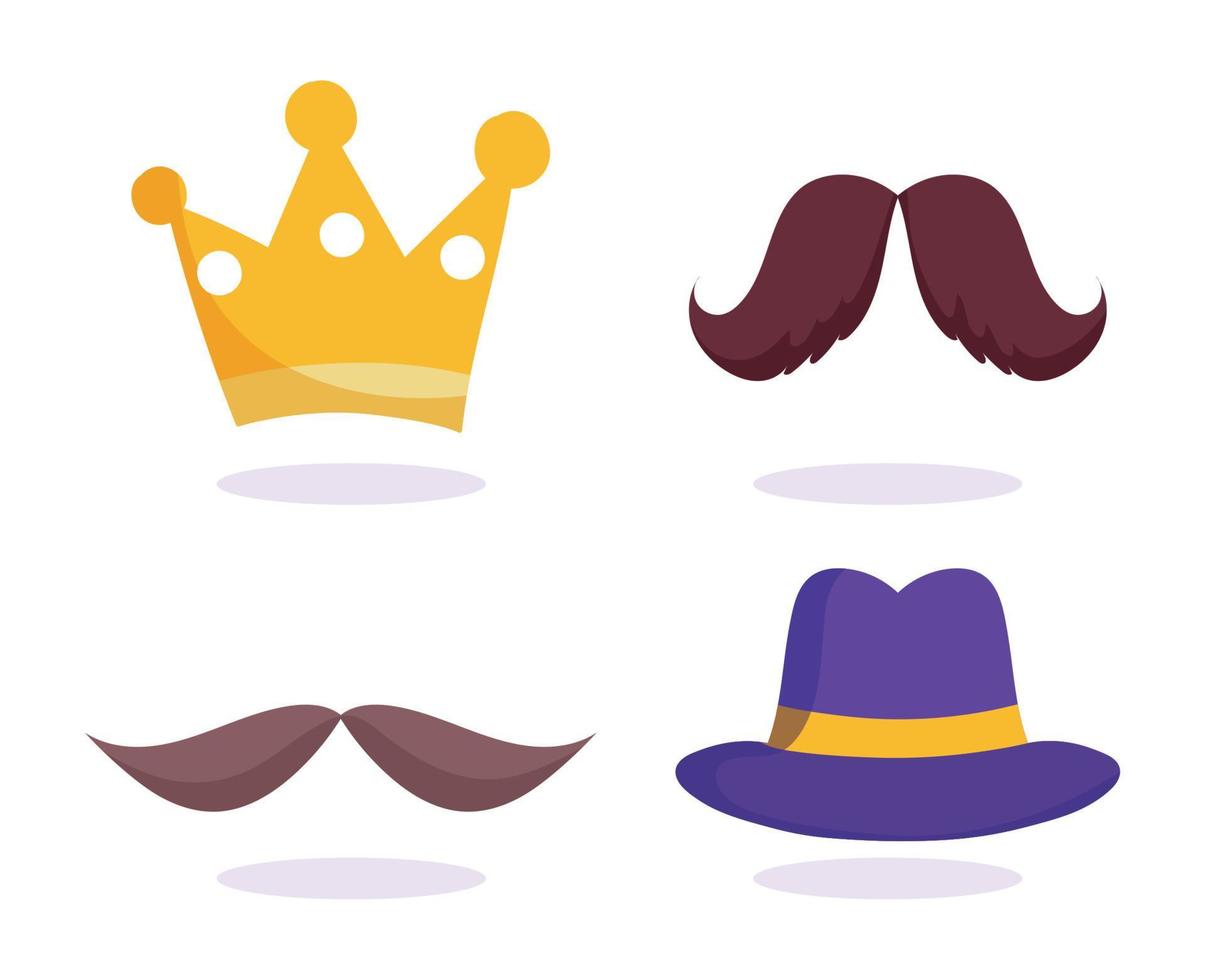 feliz día del padre, conjunto de iconos de sombrero de bigote de corona dorada vector