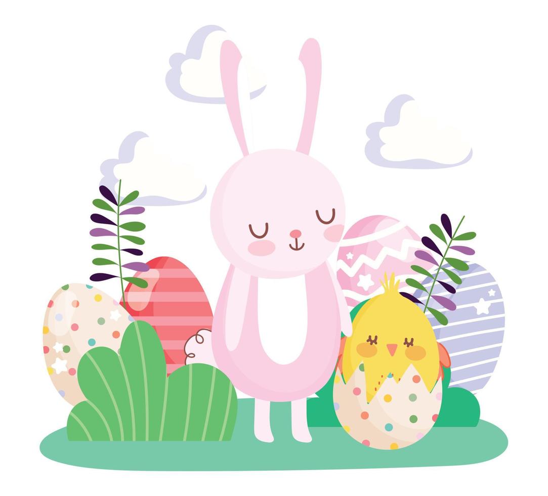 happy easter rabbit and chicken in eggshell eggs flowers leaves celebration vector