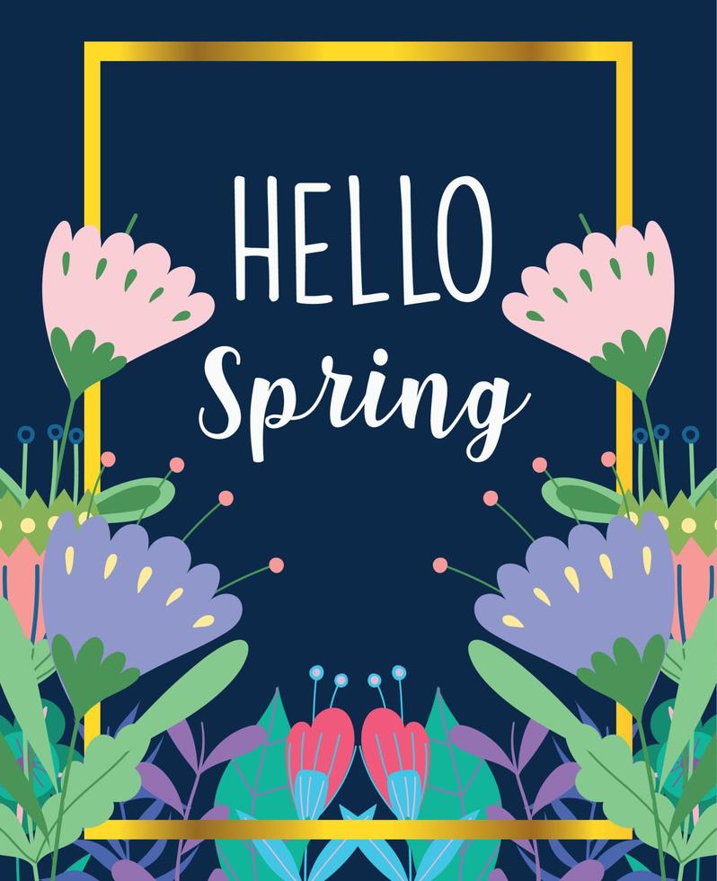 hello spring, flowers leaves nature typographic style dark background vector