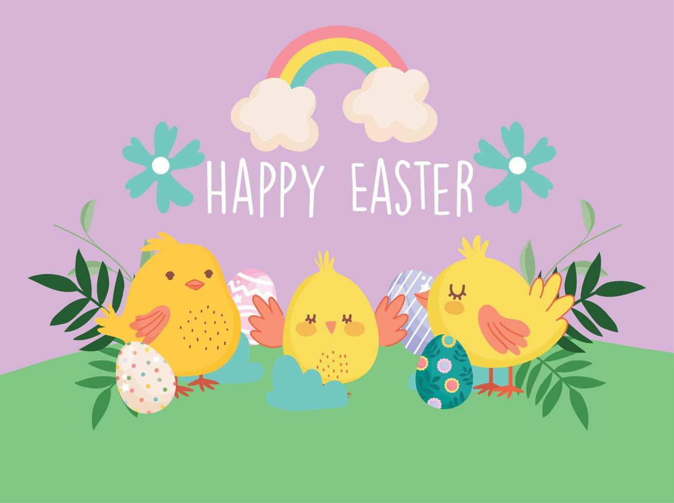 happy easter little chickens eggs flowers in grass rainbow vector
