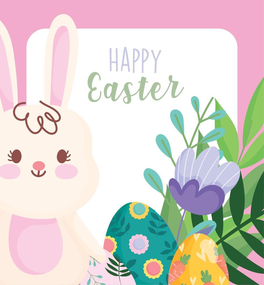 happy easter cute rabbit eggs leaves foliage decoration card vector